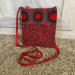 Vintage Red Seed Bead Crossbody Clutch Boho Handbag, Red Geometric Pattern Bag